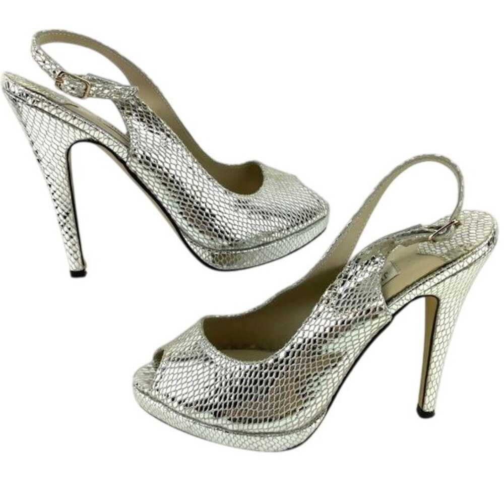 Jimmy Choo Silver Snake Print Leather Peep Toe Slingback Heels Size 37